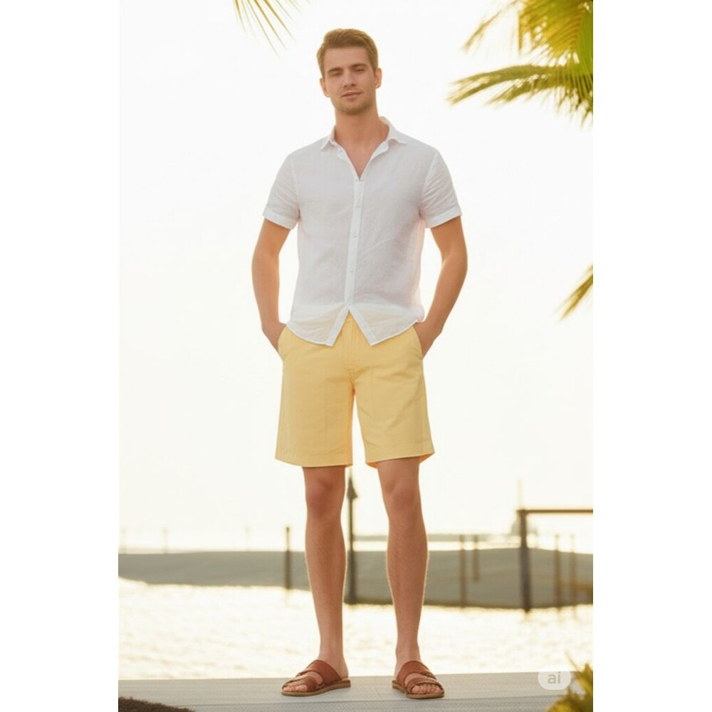 Chaps Men's Yellow Flat Front Casual Shorts - Perfect for Summer, Size 34